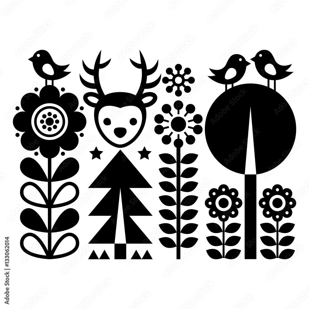 Naklejka premium Scnandinavian folk art pattern - Finnish inspired, Nordic style with flowers, deer, and birds