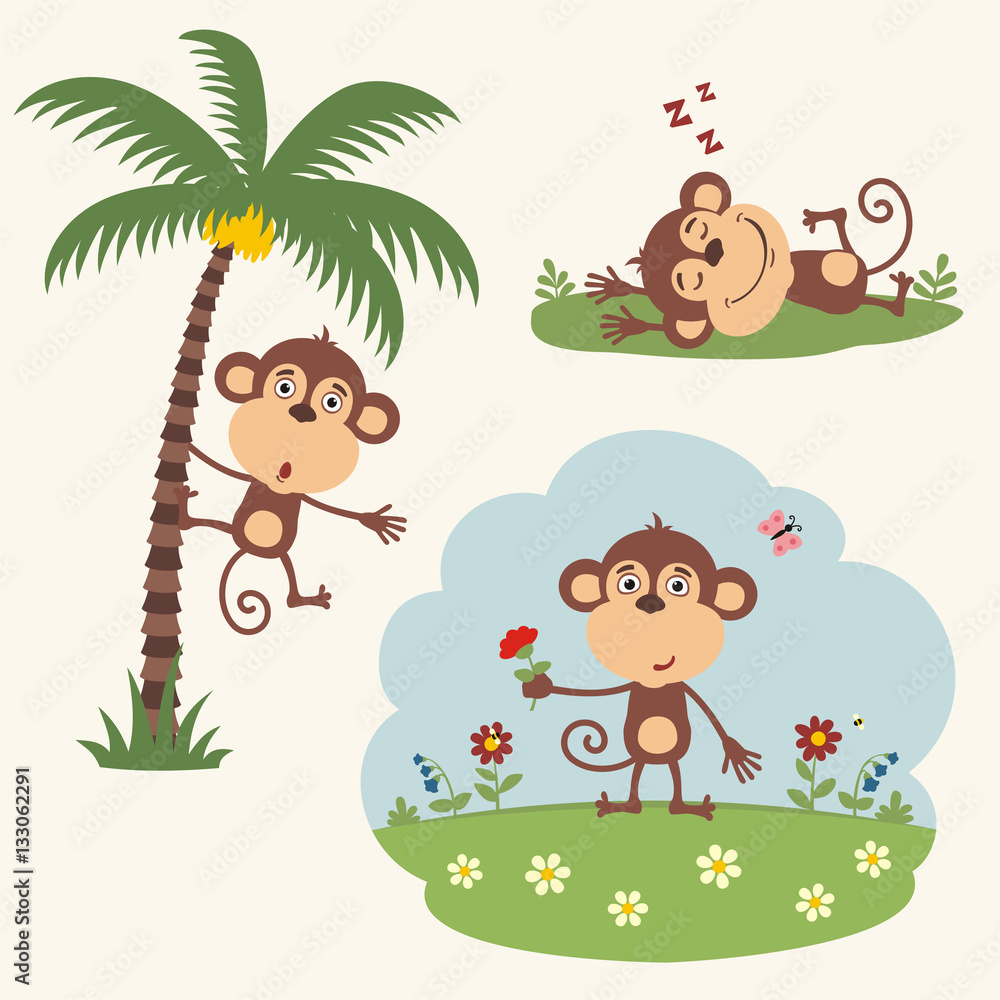 Vector set funny monkey in different poses in summer. Collection little monkey in cartoon style. Vector set funny monkey in different poses in summer. Collection little monkey in cartoon style.