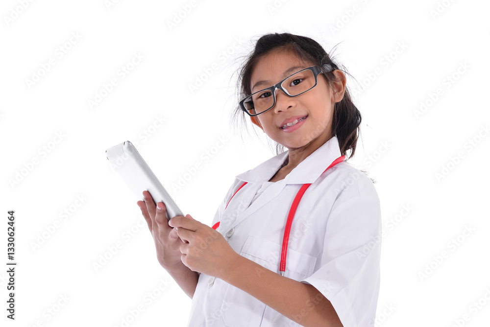 Young female doctor using tablet - isolated over a white backgro Young female doctor using tablet - isolated over a white backgro
