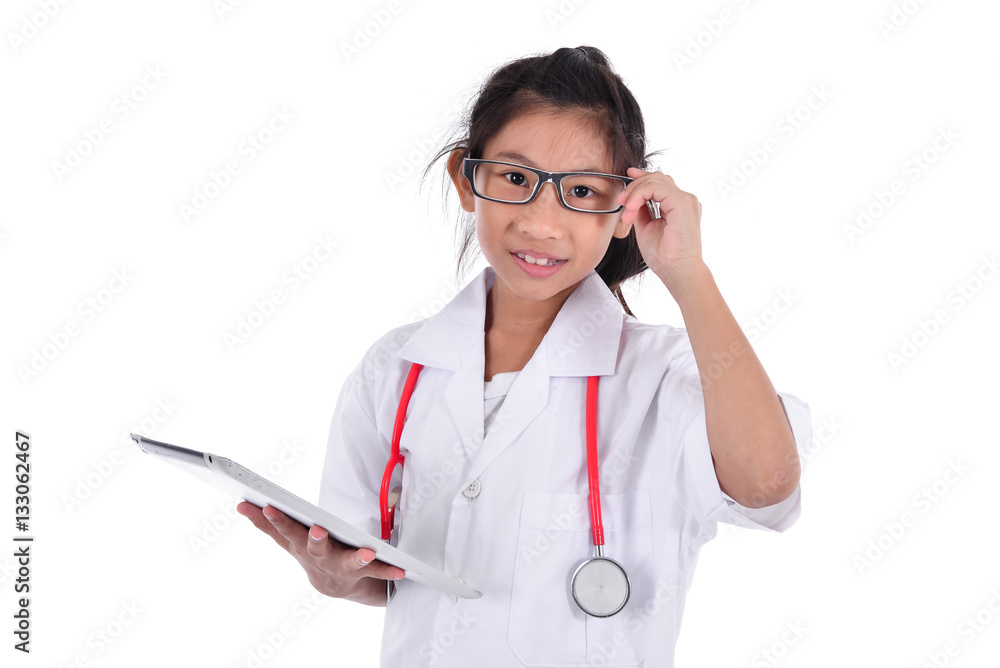 Young female doctor using tablet - isolated over a white backgro Young female doctor using tablet - isolated over a white backgro