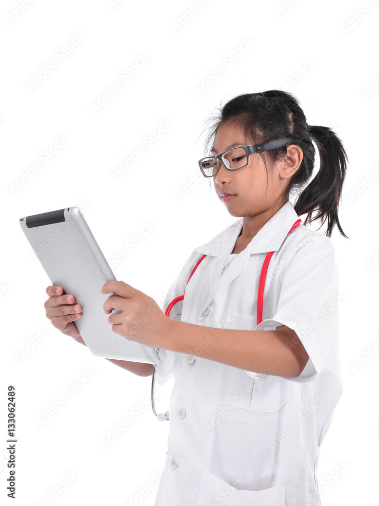 Young female doctor using tablet - isolated over a white backgro Young female doctor using tablet - isolated over a white backgro