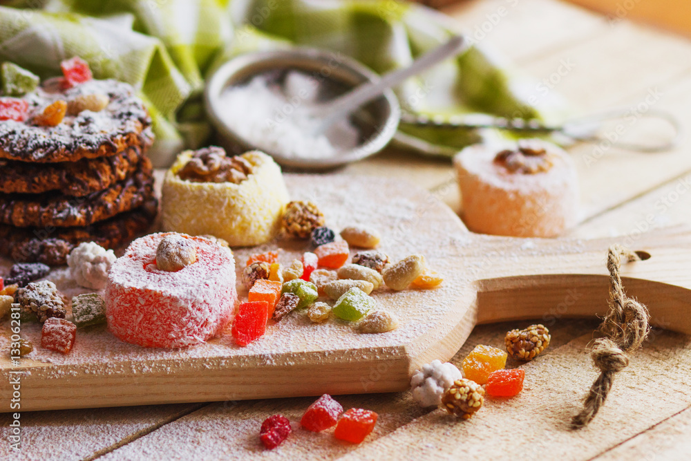 Rahat lokum with candied peels, nuts and sugar powder Rahat lokum with candied peels, nuts and sugar powder