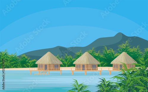 Bungalows on the ocean surrounded by tropical plants. South sea landscape. Vector background
