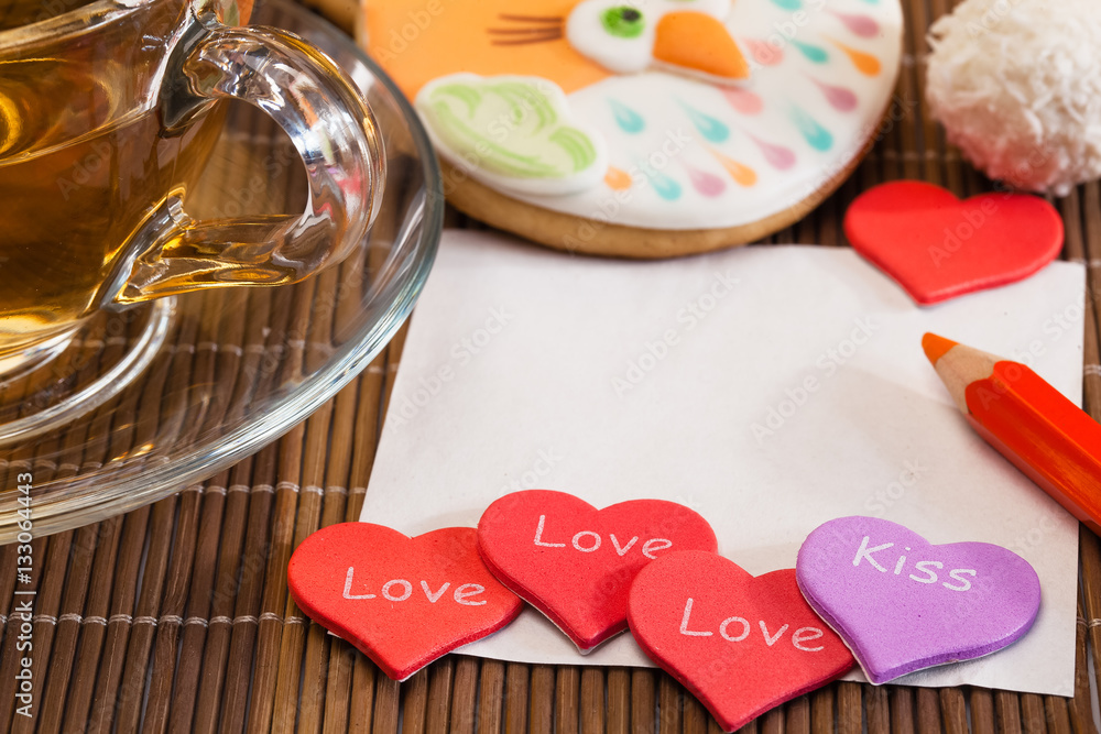Valentine's Day, heart, note, cup of tea, the concept of happiness Valentine's Day, heart, note, cup of tea, the concept of happiness