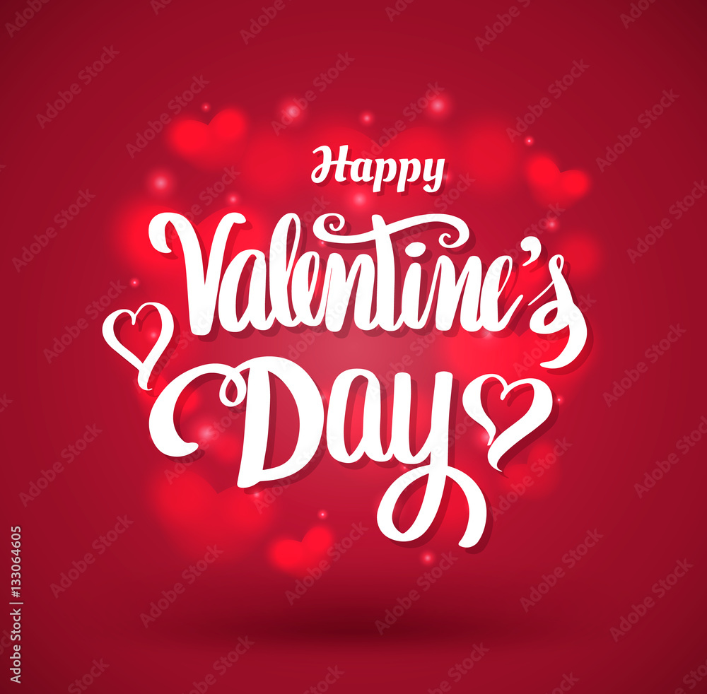 Happy Valentine's day lettering on red hearts background. Vector illustration for valentine's card.
