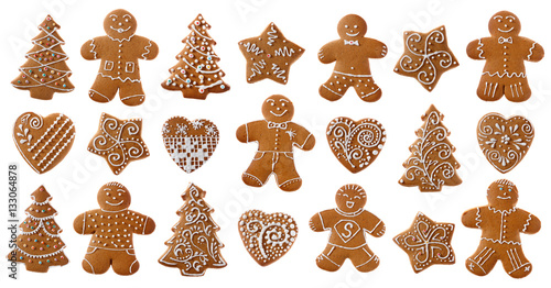 Set of christmas homemade gingerbread cookies on the white background