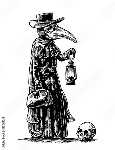 Plague, doctor with bird mask, suitcase, lantern, garlic and hat. Engraving