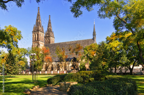 Cathedral of St. Peter and Paul, Vysehrad, Prague. Neo Gothic Basilica of St Peter and St Paul in Vysehrad fortress. Landmarks of Prague. photo
