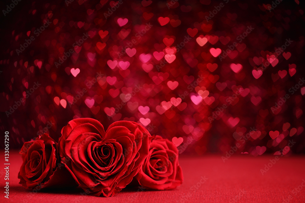 Roses Bouquet and Hearts background - obrazy, fototapety, plakaty 