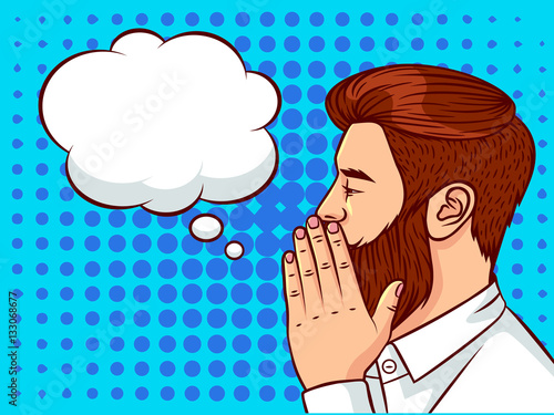 Young handsome guy holding a hand near his mouth. Man wants to tell the secret. Modern guy of the European type with speech bubble on background of pop art style
