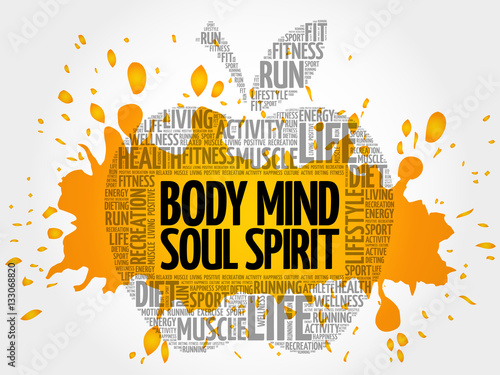 Body Mind Soul Spirit apple word cloud, health concept