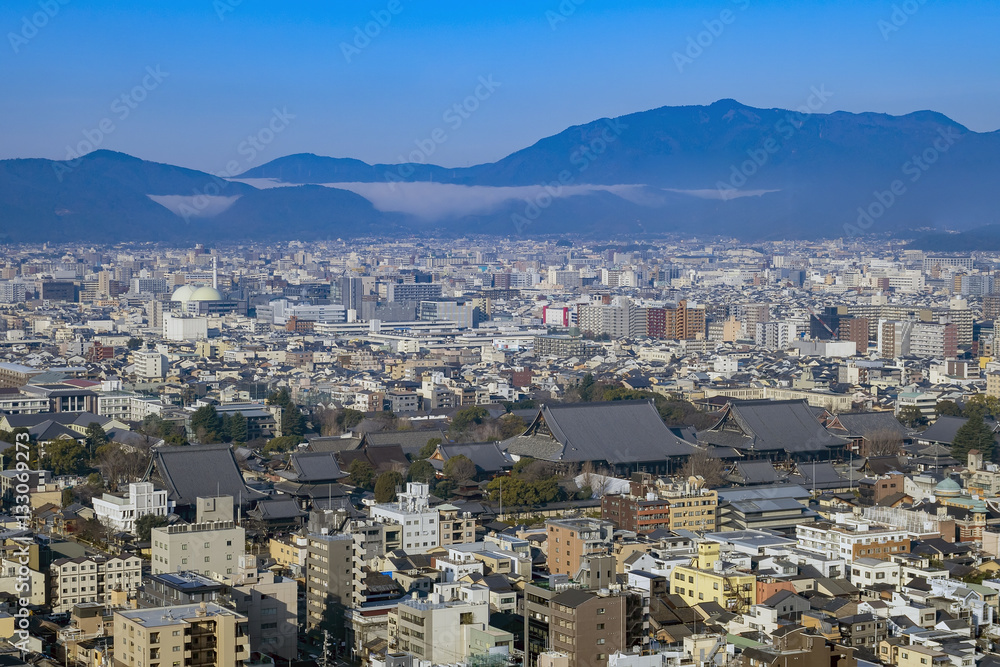 Aerial view of Nishi Honganji and Kyoto downtown cityscape