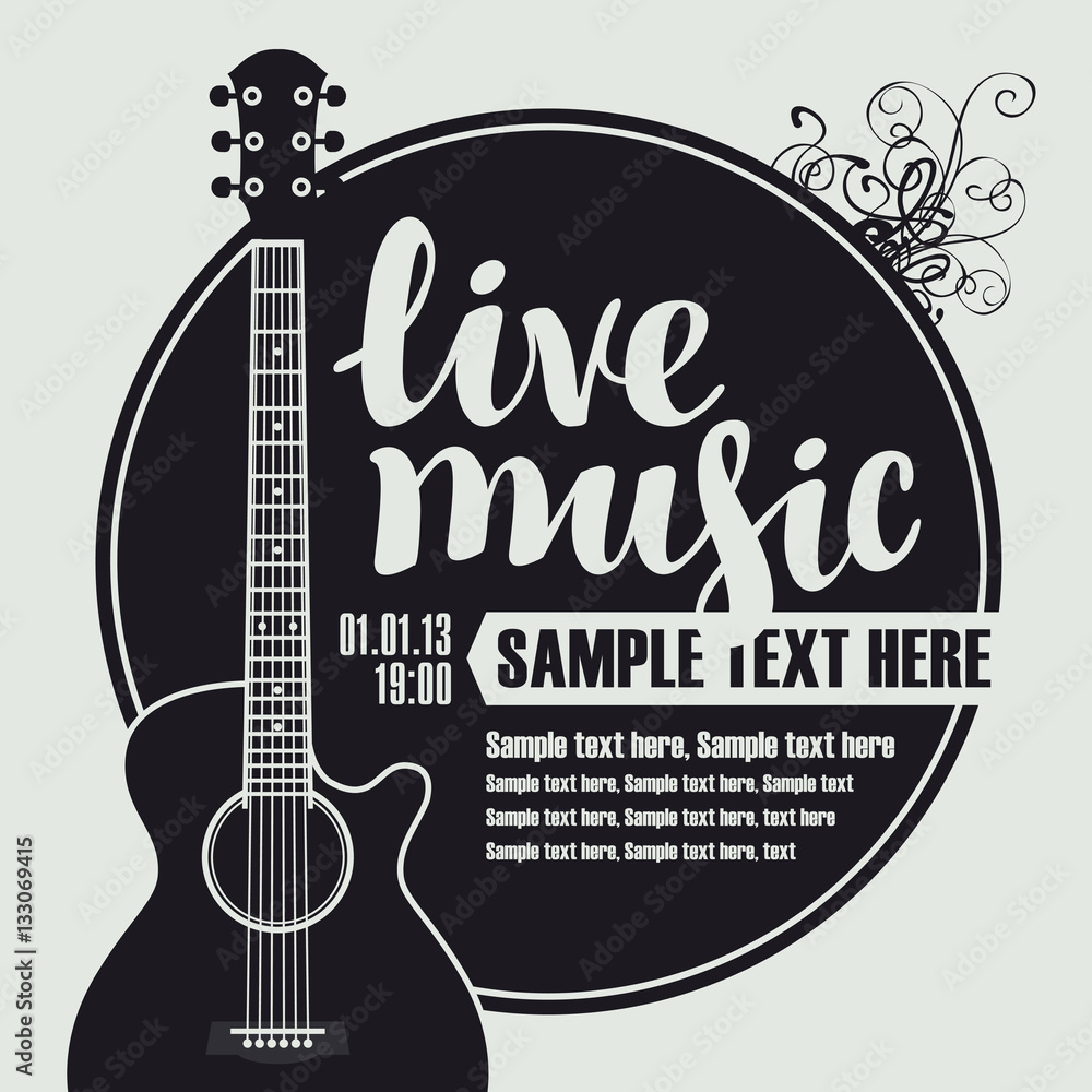 Obraz premium Banner with an acoustic guitar for the concert of live music