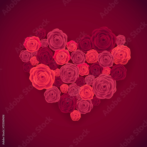 Rose Heart Isolated on Red Background. Happy Valentines Day Card. Wedding Poster