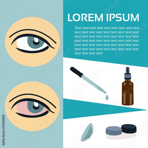  Vector template. Redness of the eye drops and contact lenses. Place for text.