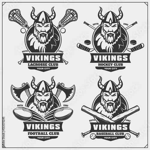 Football, baseball, lacrosse and hockey logos and labels. Sport club emblems with viking.