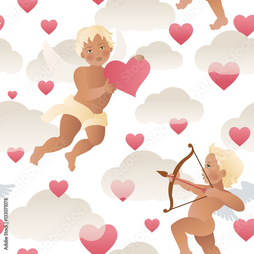Cupid angel with bow and arrow aiming at someone's heart. Seamless illustration. Valentine's day. 