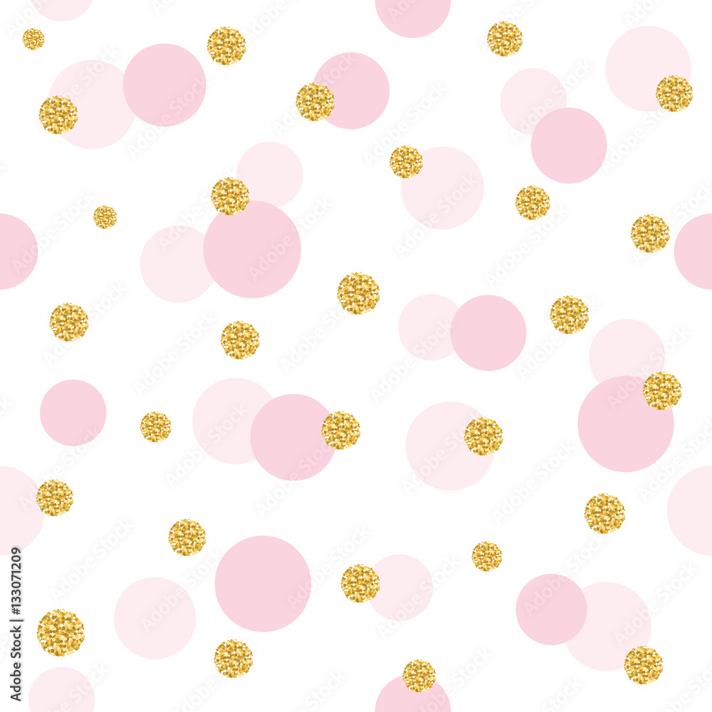 Glitter confetti polka dot seamless pattern background. Golden and