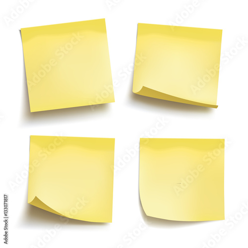 Set of yellow sheets of note papers. Four sticky notes. Vector