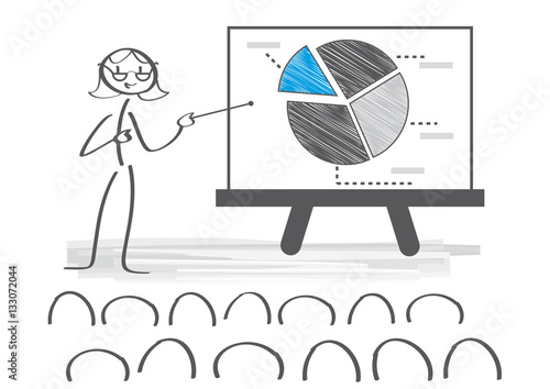 Mitarbeiterin präsentiert Bilanz - Besprechung vor Whiteboard