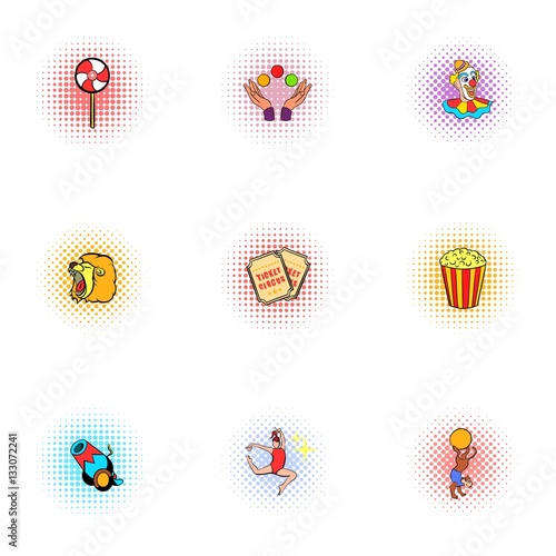 Circus chapiteau icons set, pop-art style