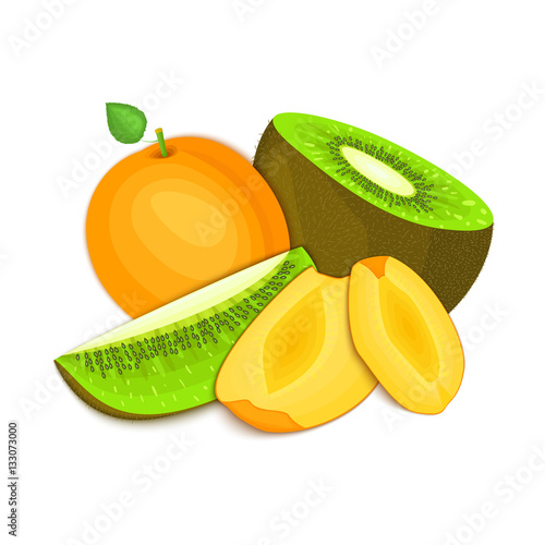 Composition of juicy apricot and kiwi. Ripe vector kiwifruit and apricot fruits whole and slice appetizing looking. Group of tasty fruits for design packaging of juice, breakfast healthy eating vegan