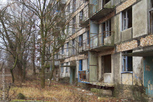 Forsaken and deserted living building without windows and doors in a ghost town in Ukraine