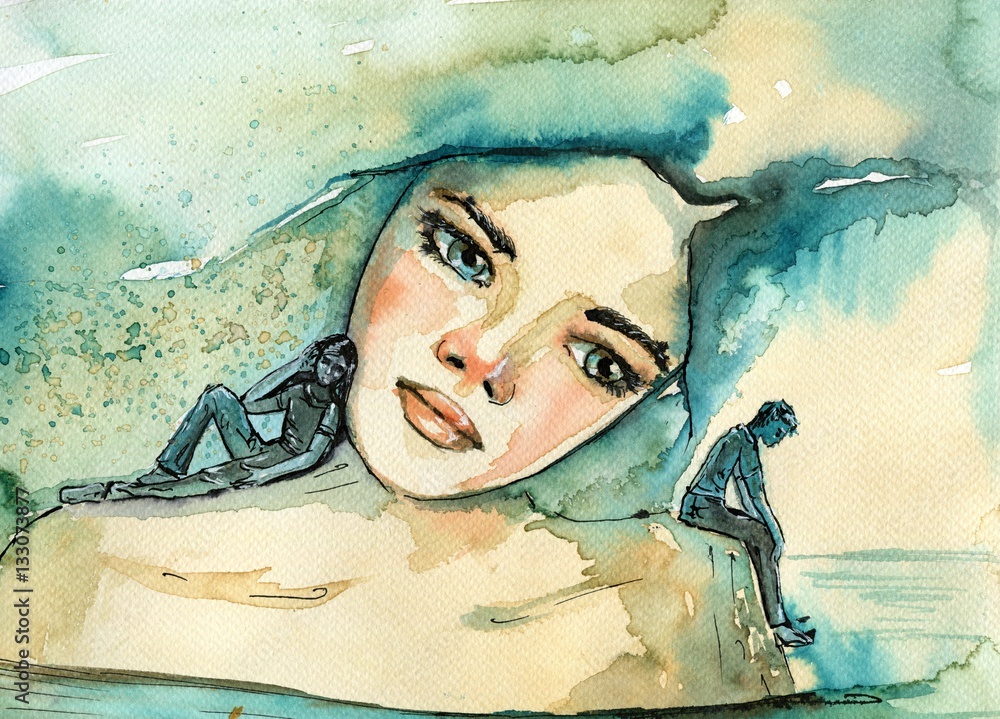 abstract watercolor illustration depicting a portrait of a woman - obrazy, fototapety, plakaty 
