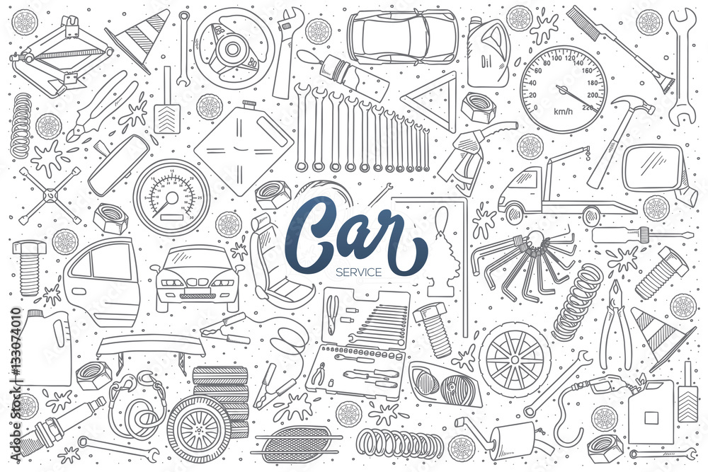 Hand drawn set of car service doodles with dark blue lettering in vector
