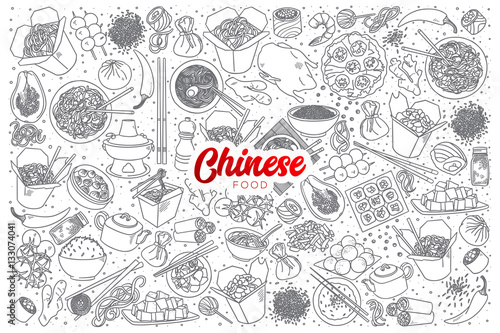 Hand drawn set of chinese food doodles with red lettering in vector