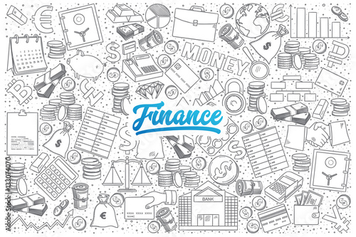 Hand drawn set of finance doodles with blue lettering in vector