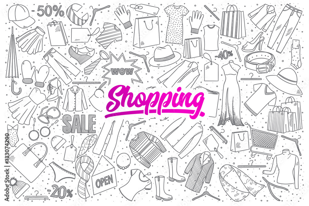 Hand drawn set of shopping doodles with pink lettering in vector