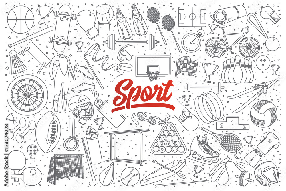 Hand drawn set of sport doodles with red lettering in vector