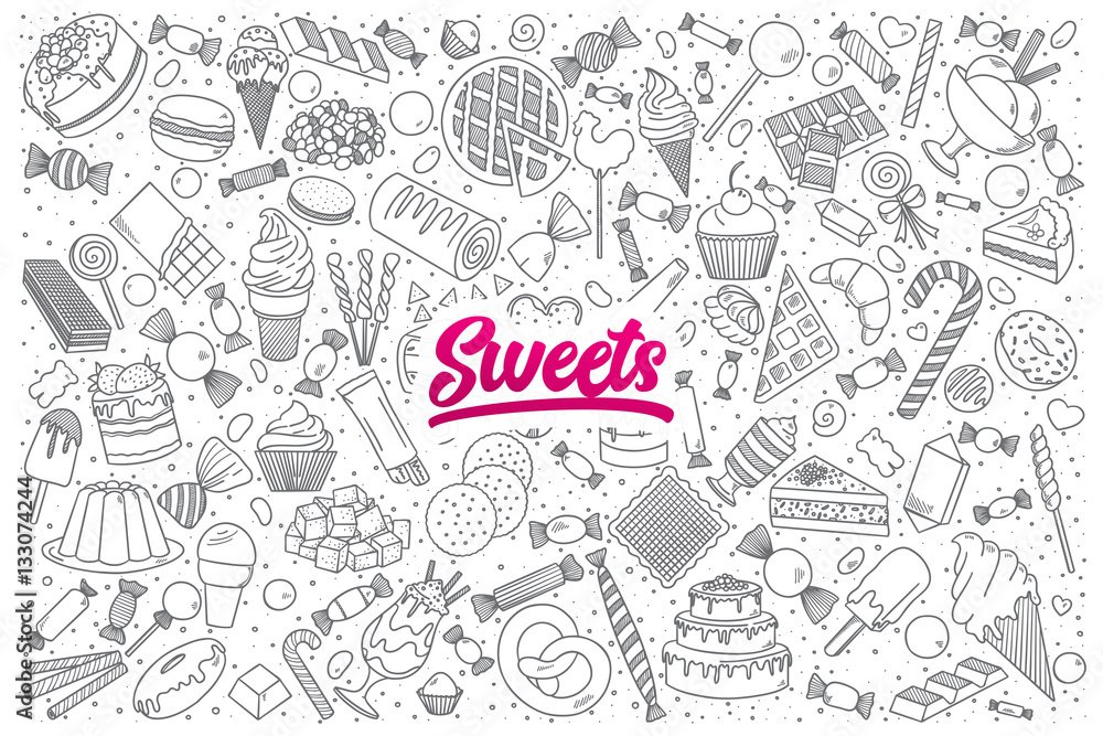 Hand drawn set of sweets doodles with bright lettering in vector
