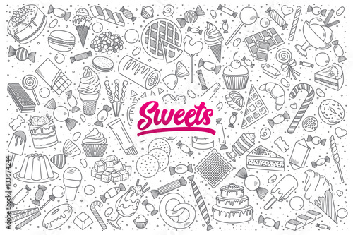 Hand drawn set of sweets doodles with bright lettering in vector
