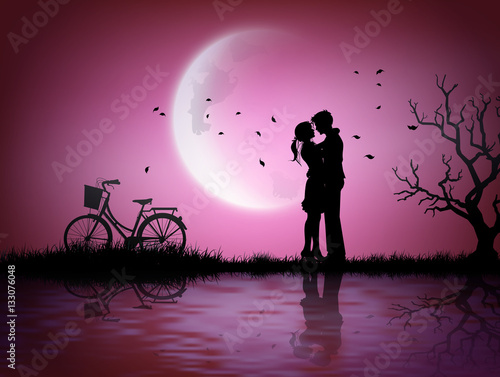 Romantic Couple Silhouette under Pink Moon