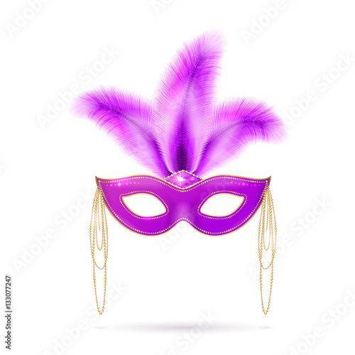 Vector illustration of violet Venetian carnival mask with colorful feathers