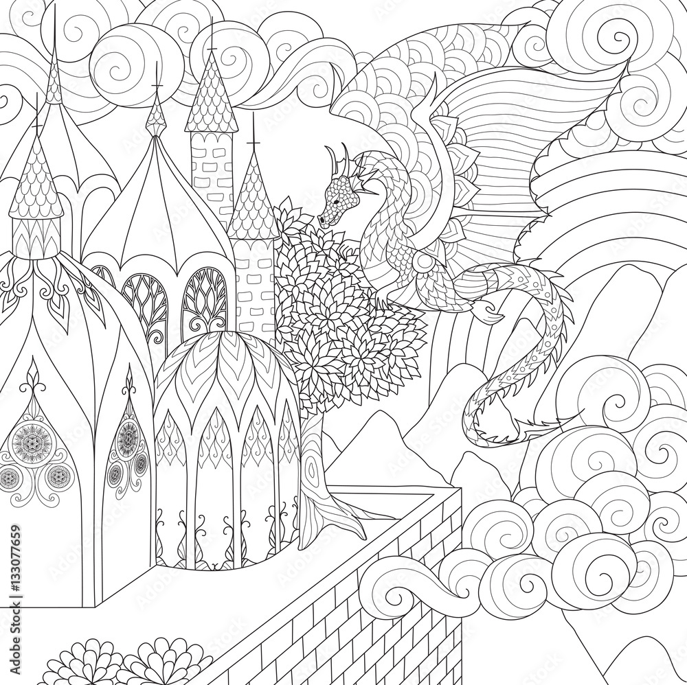 Dragon flying over beautiful cathedral for adult coloring book pages