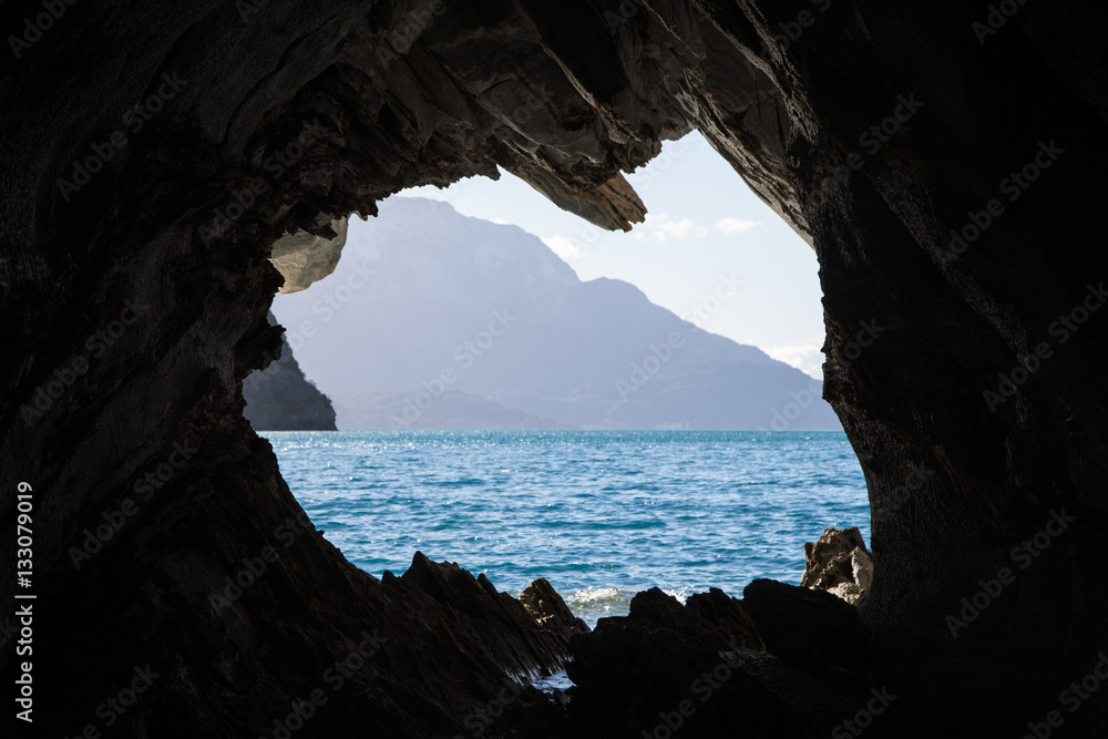 General Carrera lake view through hole in Marble Caves , Chile Chico, Patagonia, Chile