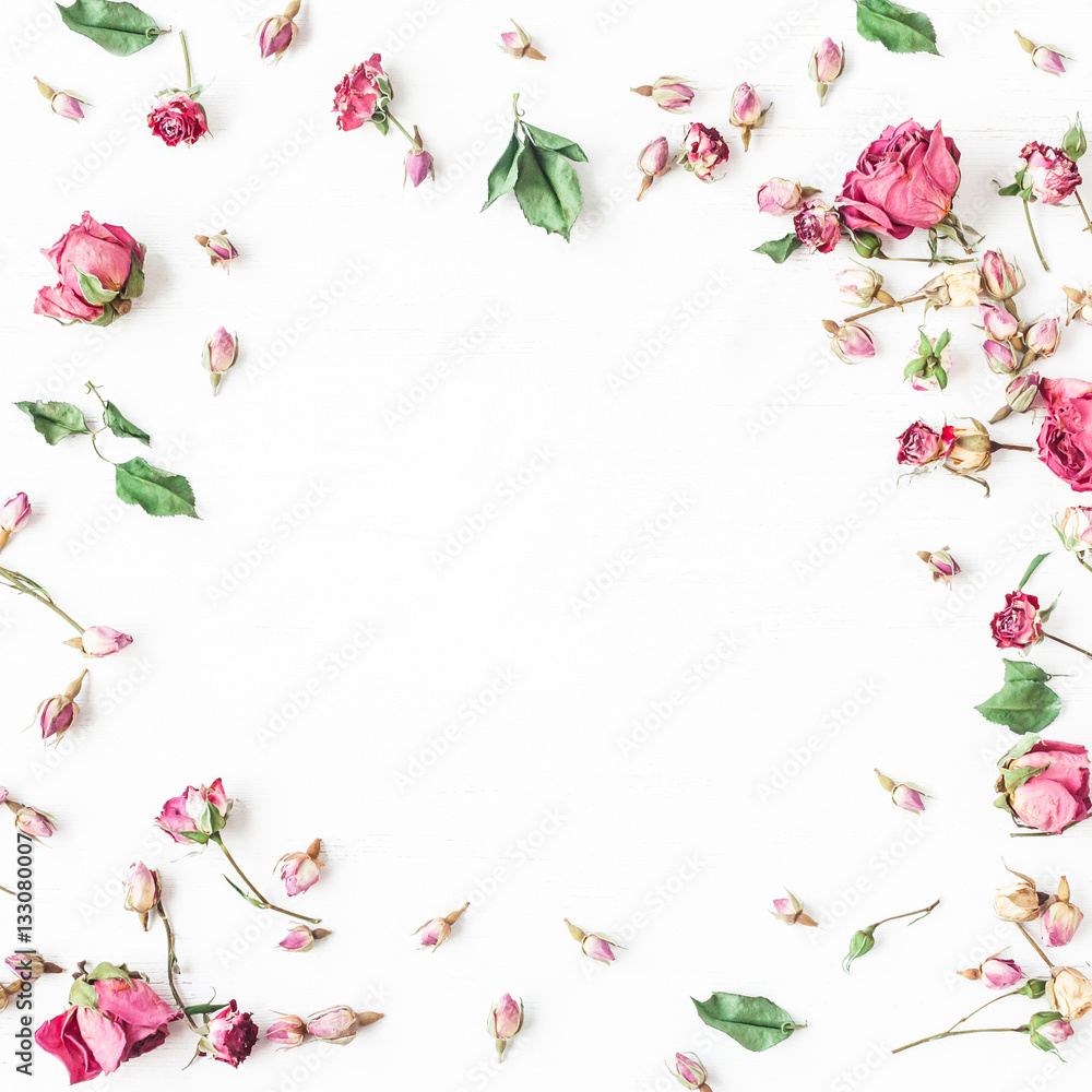 Floral composition. Frame made of dried rose flowers. Flat lay, top view. square