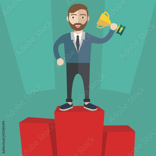 Businessman winner standing in first place on a podium holding up an award trophy as he celebrates his victory vector illustration