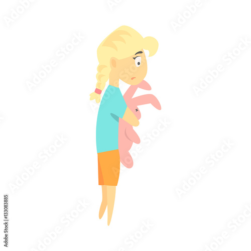 Sad Little Blond Girl With Toy Rabbit Feeling Blue, Part Of Depressed Female Cartoon Characters Series © topvectors