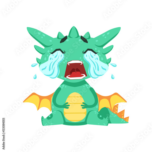 Little Anime Style Baby Dragon Crying Out Loud With Streams Of Tears Cartoon Character Emoji Illustration