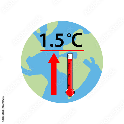 Vector image of the globe with 1.5 degrees, an arrow and thermometer