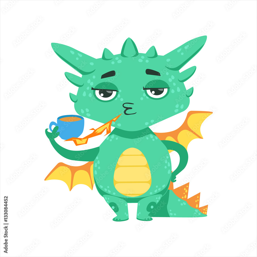 Little Anime Style Baby Dragon Warming Up Tea With Fire Cartoon Character Emoji Illustration Little Anime Style Baby Dragon Warming Up Tea With Fire Cartoon Character Emoji Illustration