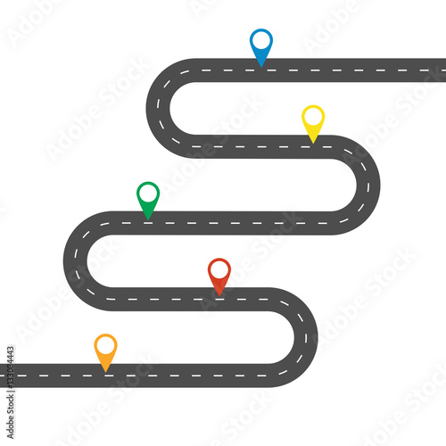 Simple winding road with multicolor pinpointers. Template for some steps or actions. Vector EPS 10