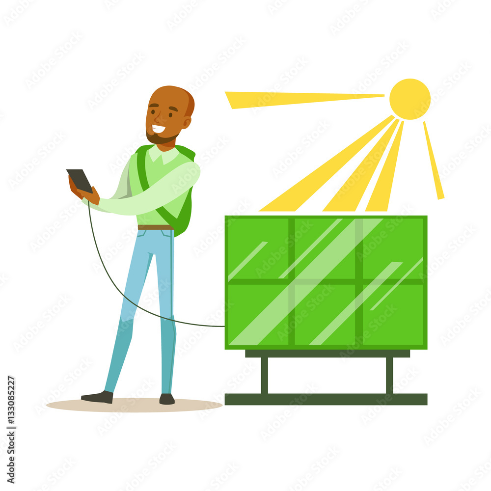 Man Charging His Smartphone From Solar Panel Battery , Contributing Into  Environment Preservation By Using Eco-Friendly Ways Illustration Stock  Vector | Adobe Stock