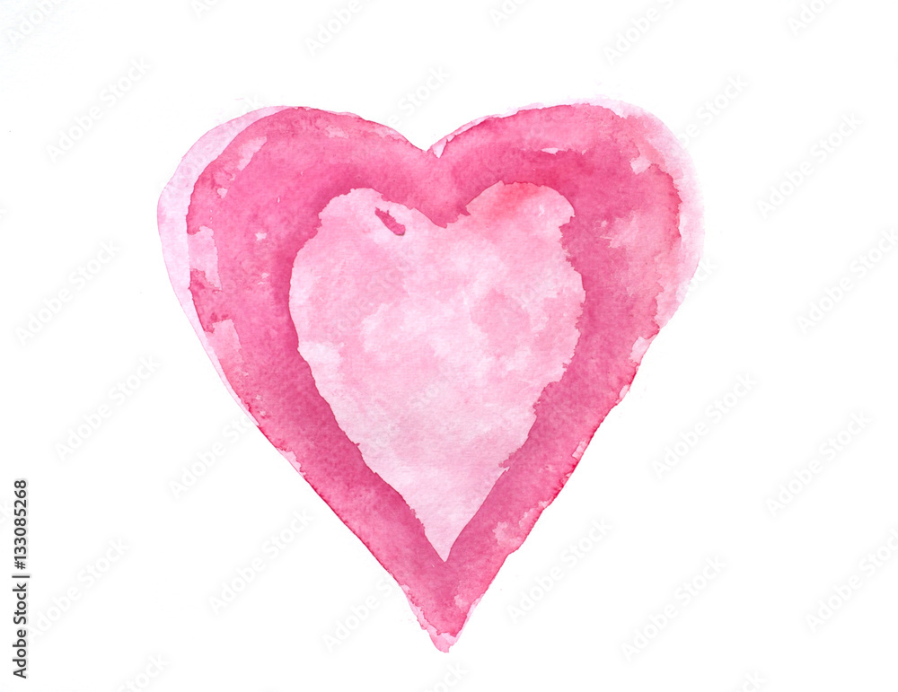 Red  heart on white isolation , watercolor hand painted on paper for valentines day, Art design element
