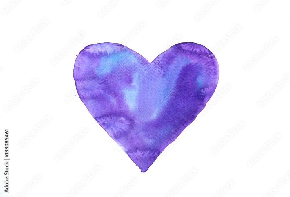 Blue violet heart , watercolor hand painted on paper for valentines day, Art design element