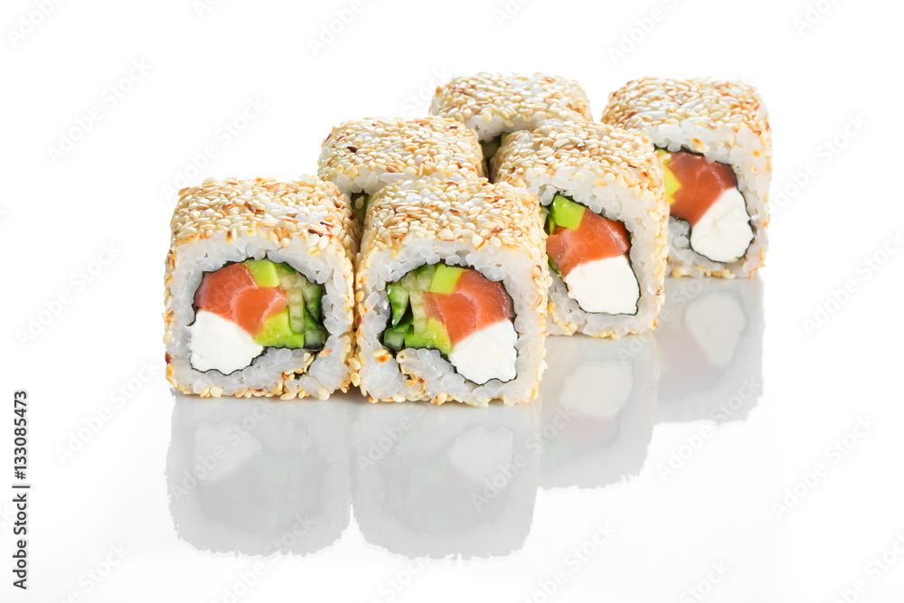 Stylish appetising sushi roll with salmon isolated on white Stylish appetising sushi roll with salmon isolated on white